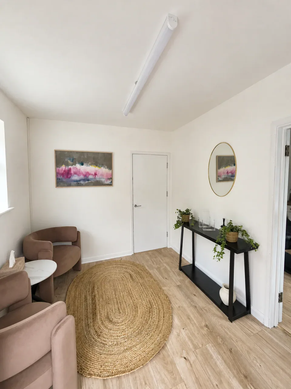 Quiet private waiting room at Azim Aesthetics, Sunset Lodge, Appledore
